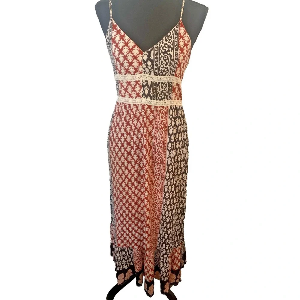 Boho Cotton Maxi Dress‎ Medium Border Print Spaghetti Strap Festival Resort